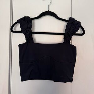 PORT DE BRAS Chic Black Ruched Strap Active Workout Crop Top